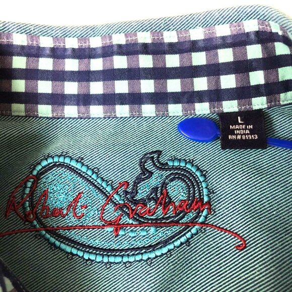 Robert Graham Solid Teal Blue Button Down Shirt Men's L Flip Cuff Check Paisley - Picture 8 of 9